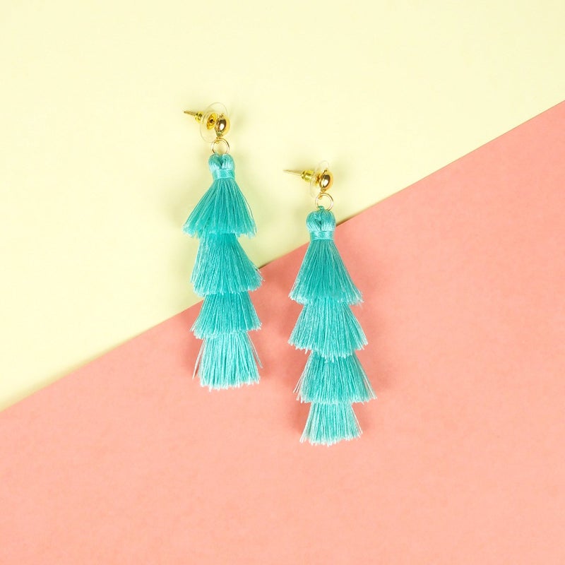 BaubleStar Fashion Tassel Dangle Earrings for Women Layered Long Bonita Tiered Thread Tassel Turquoise Blue Drop Statement Jewelry - Image 3